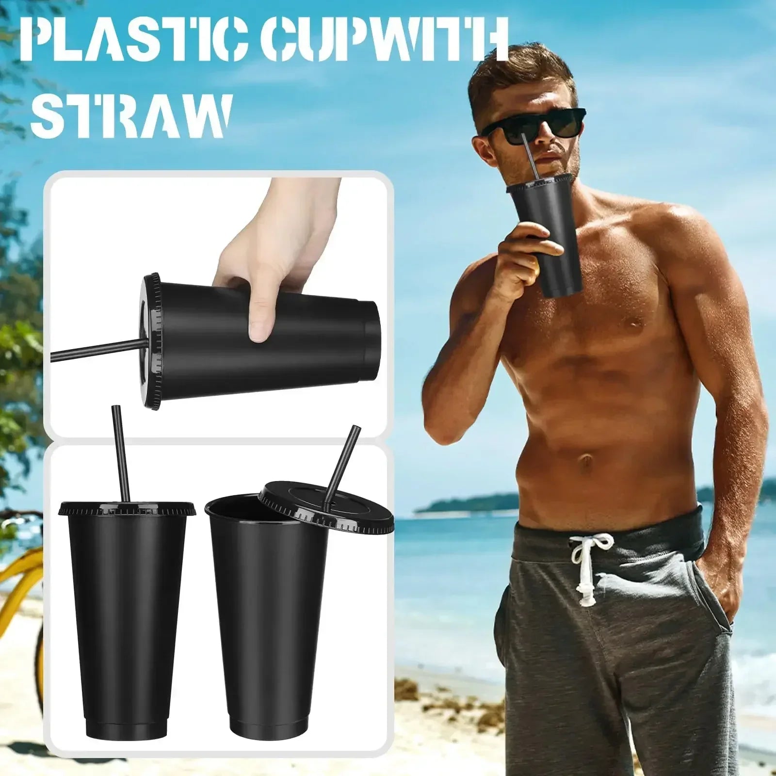 5pcs 24oz PP Colorful Straw Cup Large Capacity Milk Tea Cup for Iced Coffee Cold Drinks Travel Office Party