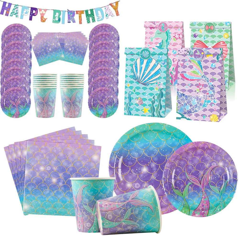 Mermaid Birthday Party Decoration Kids Disposable Plate Cup Girls Under The Sea Little Mermaid Baby Shower Birthday Party Decor