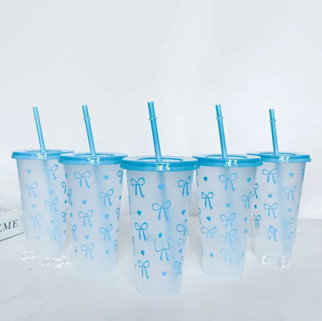 Reusable Plastic Cups With Pink Ribbons, 24 Ounces With Straws And Lids. For Parties, Drinking, Coffee, Weddings, Birthdays