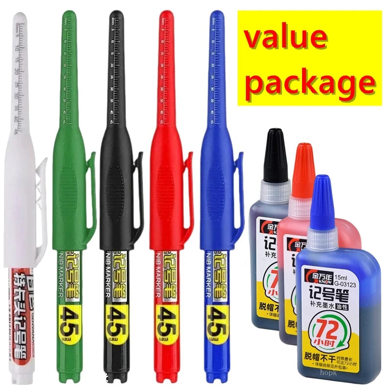 1-12 PCS 45mm Tip Waterproof Long Head Marker Pen Quick-Dry Ink for Woodworking Construction, Deep Hole White Black Red Blue