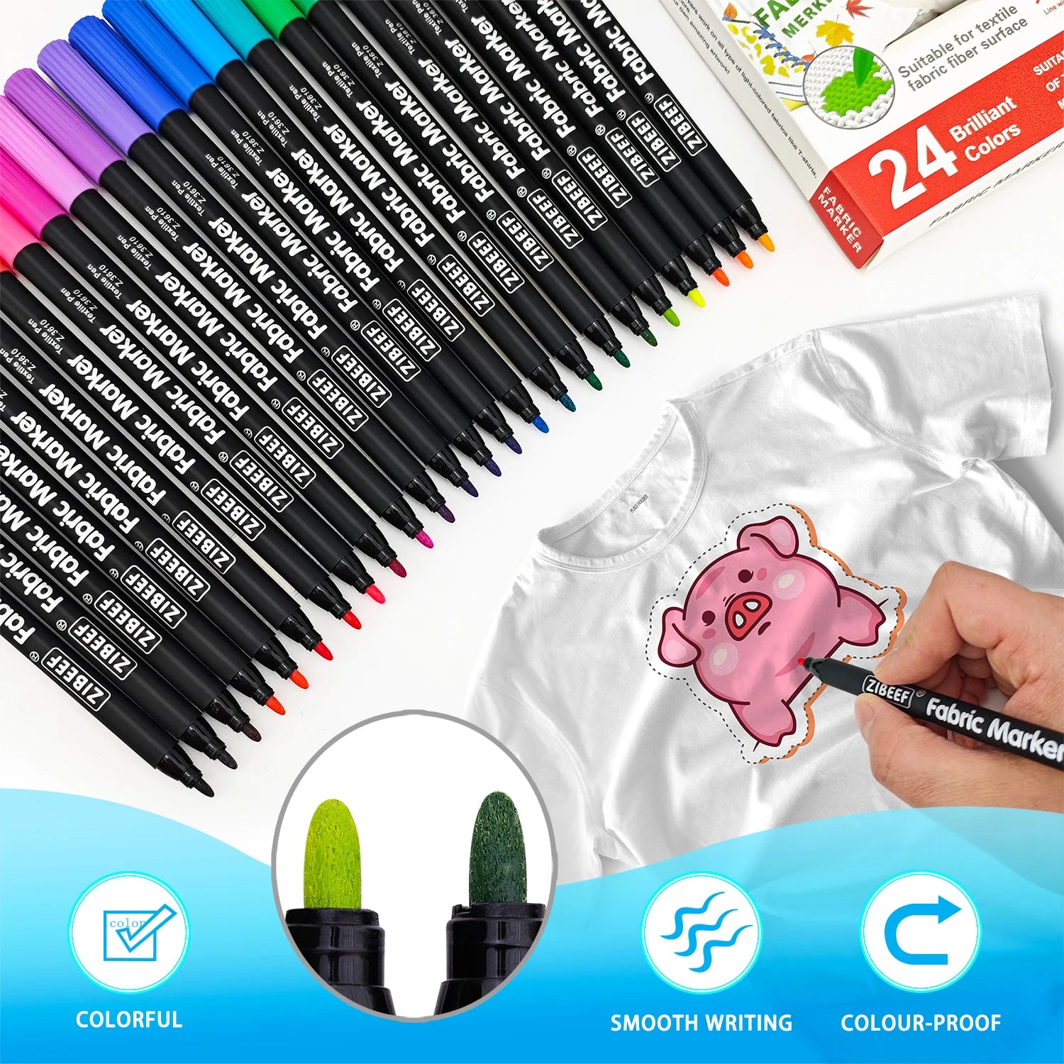 12/24 Colors Fabric Markers Pens Set Permanent Fabric Paint - Fine Point Tip Textile Marker Pen for Kids, T-Shirt Shoe Markers