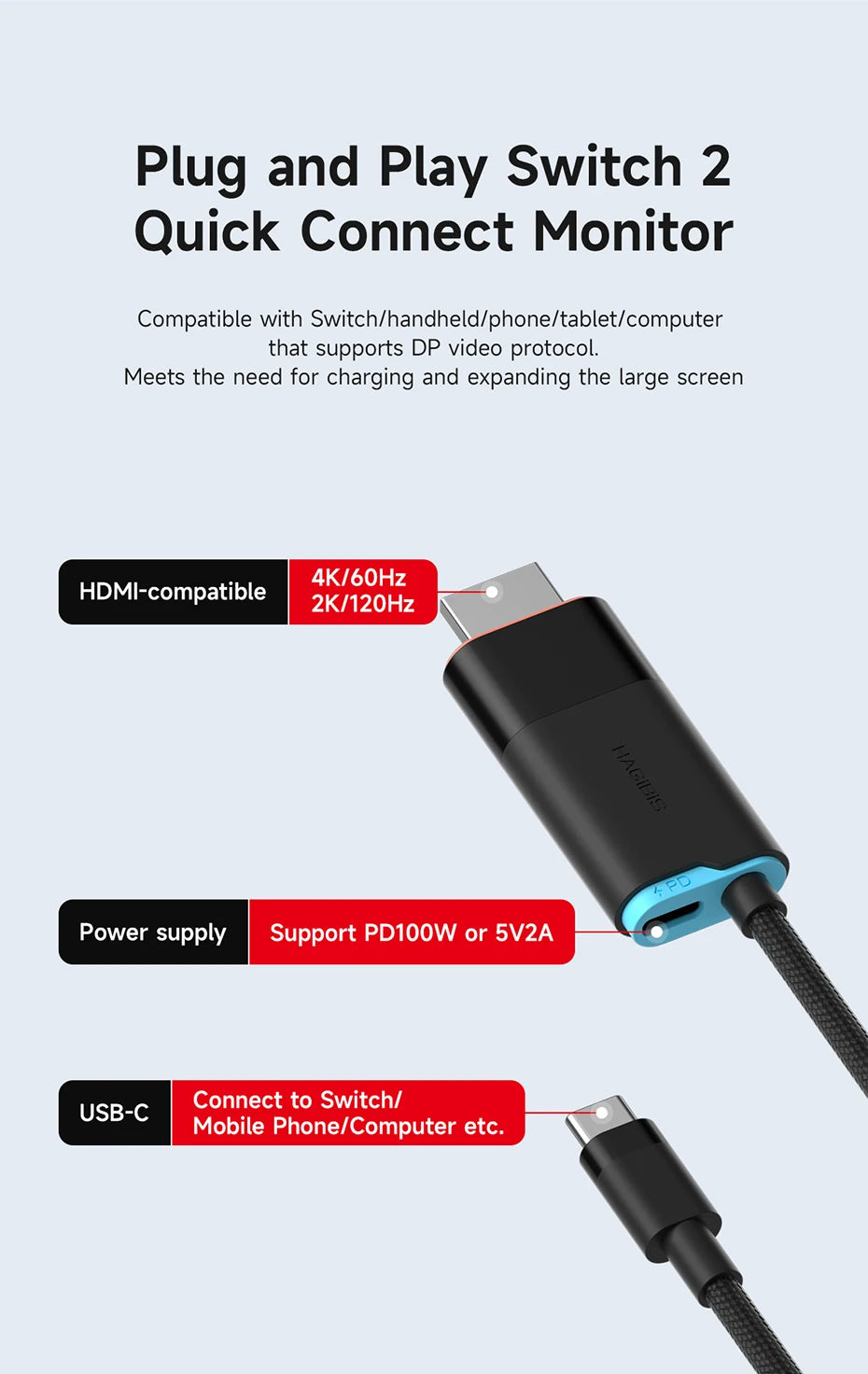 Hagibis Portable TV Dock for Switch/Switch2/OLED 4K@60Hz USB C to HDMI Cable Adapter 100W PD Power Supply for Laptops ROG Ally