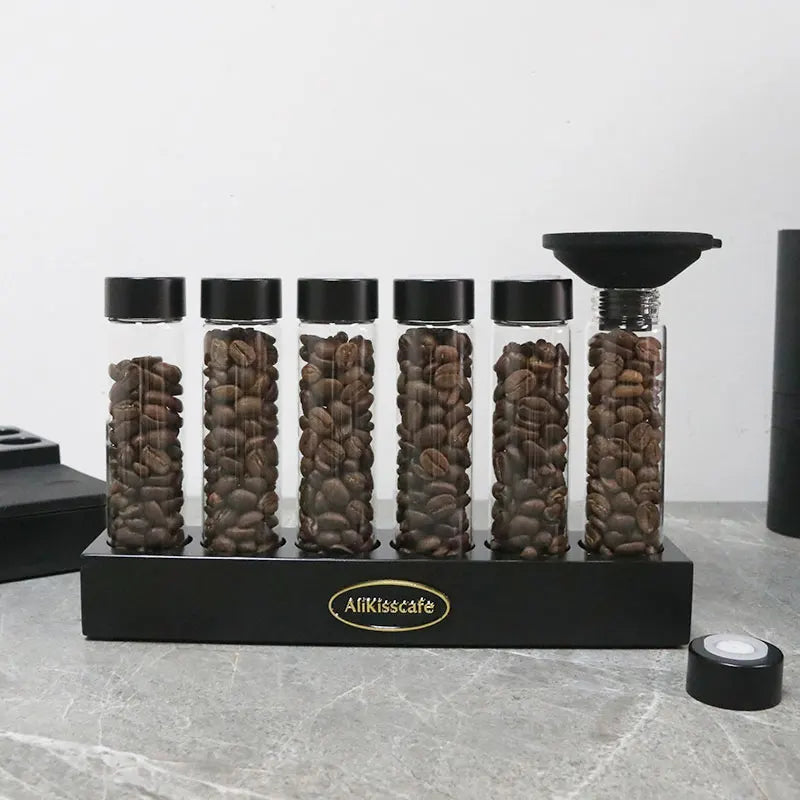 Coffee Beans Storage Container Glass Tube Bottle With Breathable Lid Wooden Display Rack Barista Accessories Coffeware Sets Gift