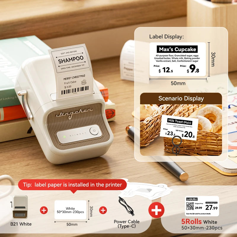NiiMbot B21 Mini Thermal Printer Wireless Barcode Label Maker Bluetooth Portable Adhesive Label Printers for Office Commercial