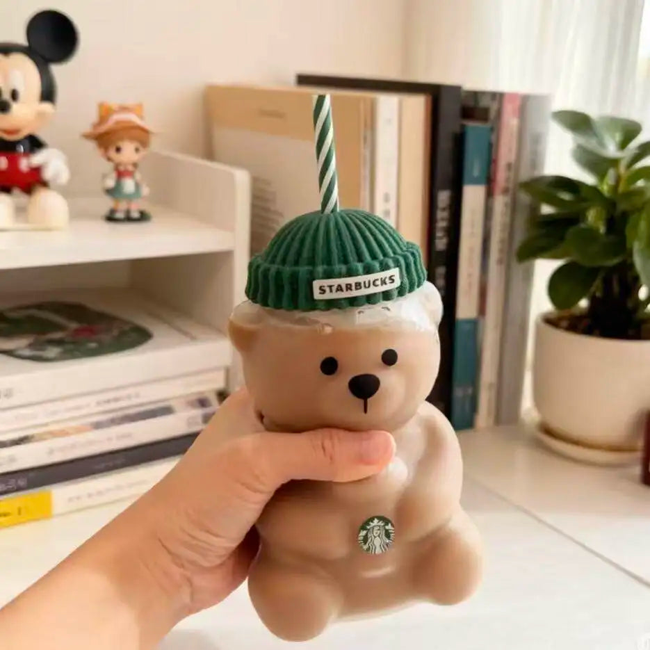Starbucks Bearista Bear Clear Glass Tumbler 591ml 20oz Green Lid With Straw Cold Water Iced Coffee Home Café Gift
