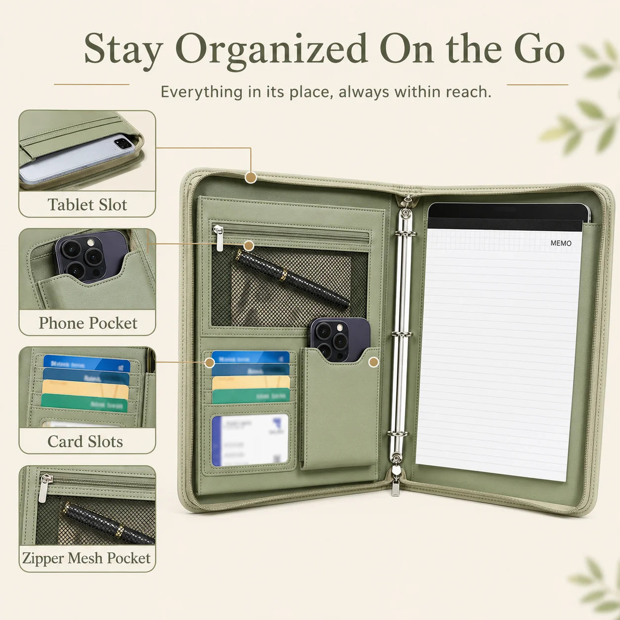 A4 Zippered Portfolio Organizer with 3-Ring Binder, Tablet Sleeve, Card Slots, Phone Pocket and Memo Pad