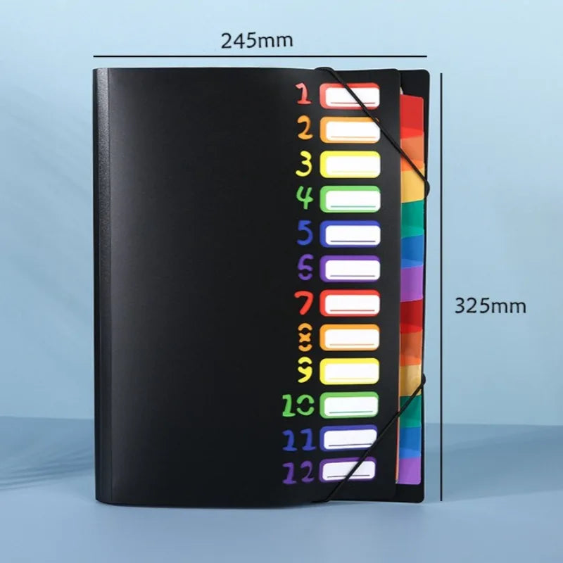 A4 12-Pocket Rainbow Accordion File Folder, Elastic Band Expanding Document Organizer with Index Tabs for School Office