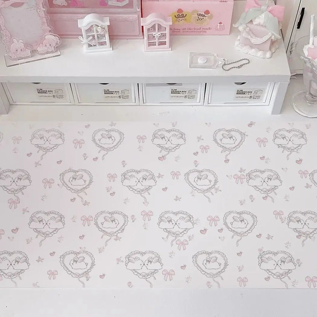 Leather Desk Pad Protector Pink Love Heart Bunny Flower Rabbit Bow Y2K Star Angel Mouse Pad Office Desk Mat PU Desk Blotter Pad