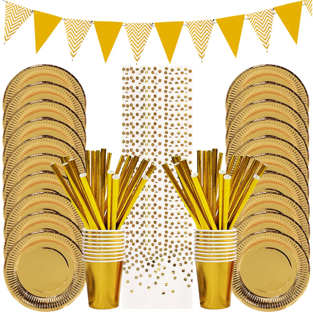 Gold Party Disposable Tableware Set Paper Plates Cups Napkins for Birthday Wedding Bachelorette Party Decoration Baby Shower