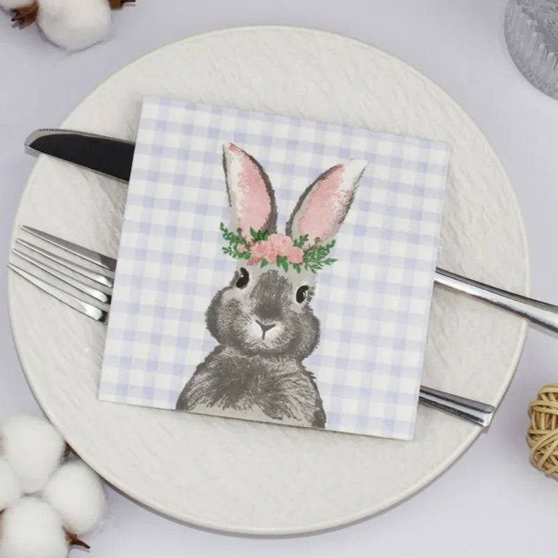 20pcs 25cm 2-Ply Easter Bunny Element Colorful Napkins Plaid Square Napkins Party Decoration Paper Placemats Pink Ears Paper