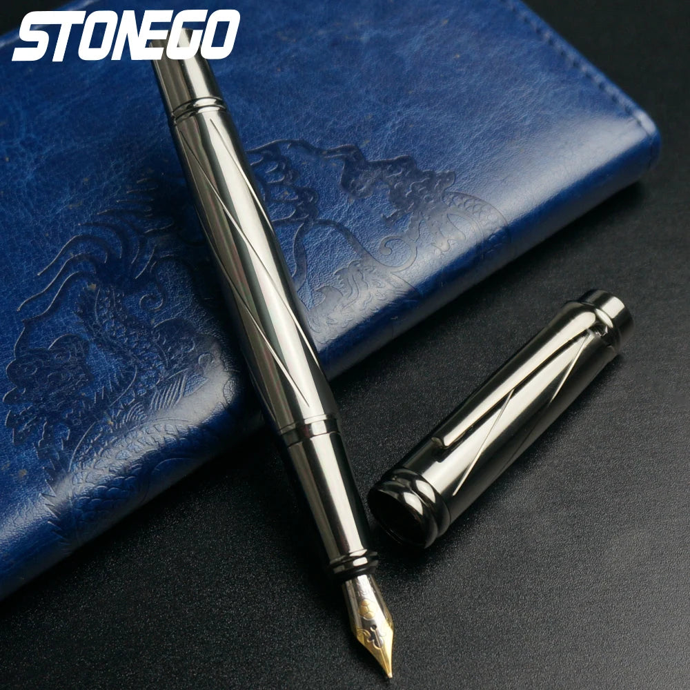 STONEGO 0.38mm Extra Fine Nib Fountain Pen, Black Metal Calligraphy Writing Gift Pen