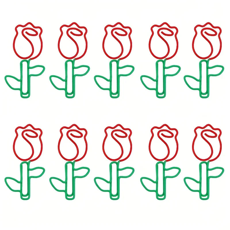 10/20pcs Rose-Shaped Metal Paper Clips Cute Floral Design with Green Leaves Red Flowers Scrapbooking Office School Supplies