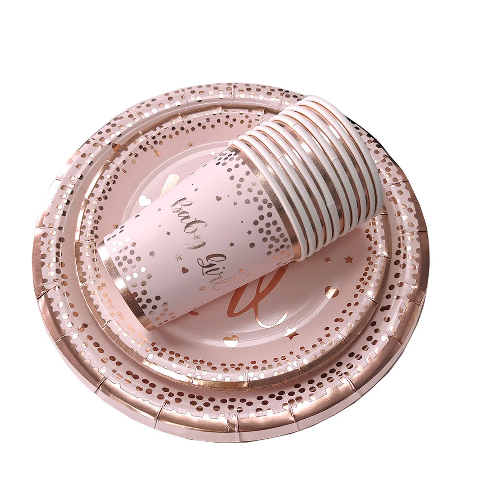 Rose Gold Party Disposable Tableware Set Light Powder Paper Plates Cups Straws Kids Birthday Party Decorations Babyshower Girl