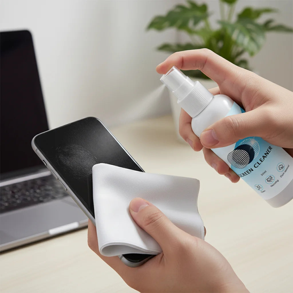 Screen Cleaner Spray + Polishing Cloth Set 50ml, Streak‑Free for Phone/Tablet/Laptop/Monitor, Removes Fingerprints, Oil & Dust
