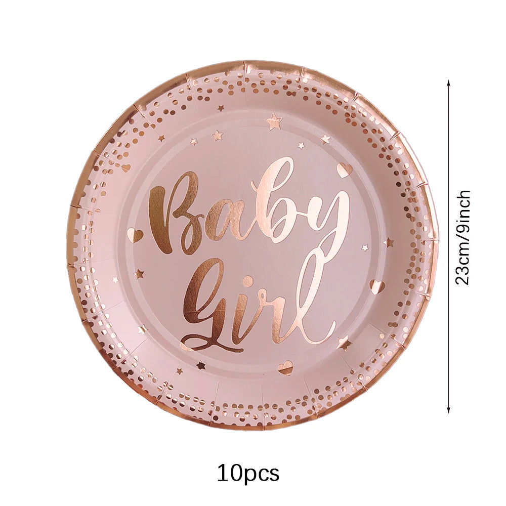 Rose Gold Party Disposable Tableware Set Light Powder Paper Plates Cups Straws Kids Birthday Party Decorations Babyshower Girl