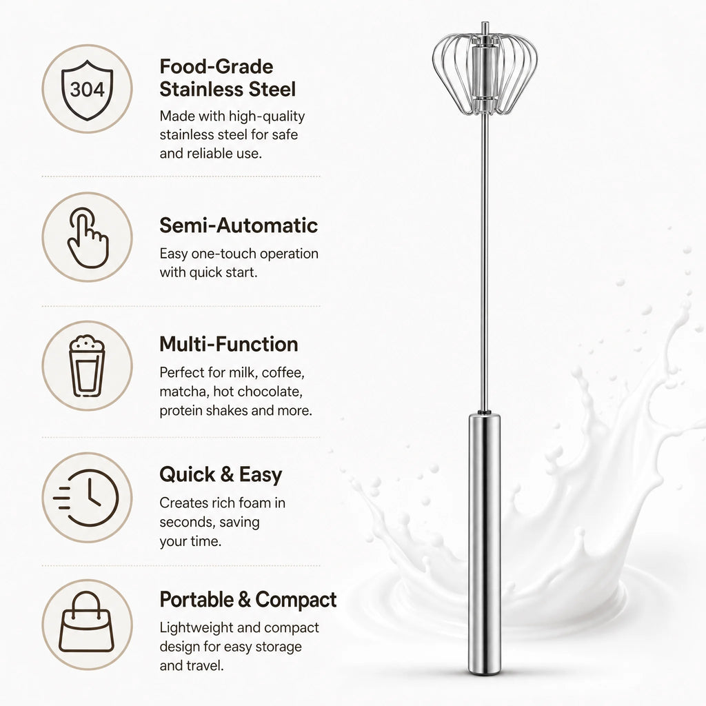Handheld Milk Frother Stainless Steel Mini Whisk Semi-Automatic Coffee Frother for Cappuccino Latte Hot Chocolate Egg Beater Kitchen Tool