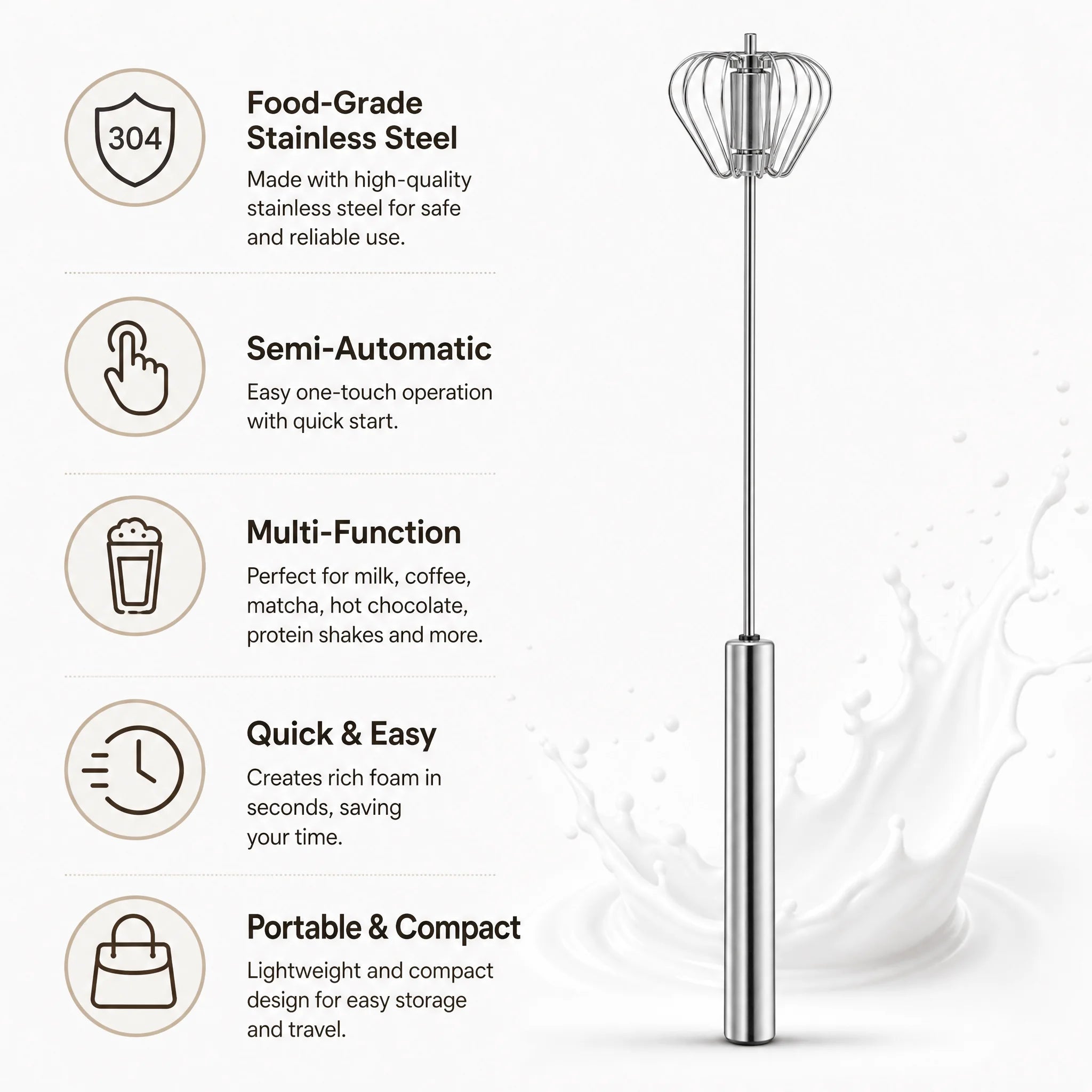 Handheld Milk Frother Stainless Steel Mini Whisk Semi-Automatic Coffee Frother for Cappuccino Latte Hot Chocolate Egg Beater Kitchen Tool