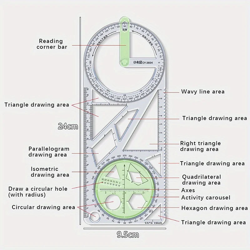 For School Multifunctional Primary School Activity Drawing Geometric Ruler Triangle Ruler Compass Protractor Set Measuring Tool