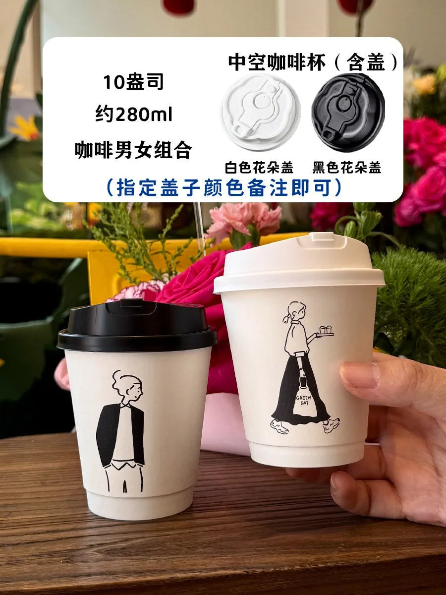 50 Sets of Coffee Packaging Cups Thickened and Heat-resistant Disposable Paper Cups Handdrawn Boys and Girls Juice Milk Mug