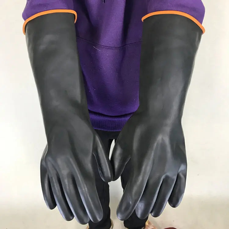 Acid and alkali resistant black lengthened anti-corrosion waterproof industrial latex thickened rubber gloves
