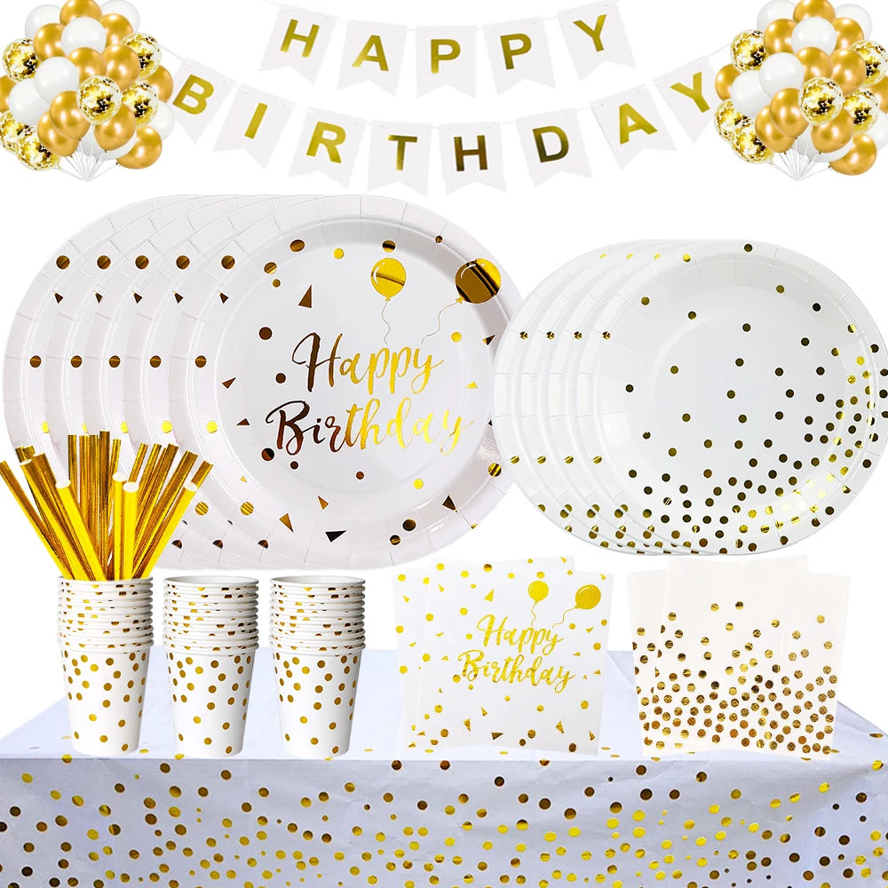 White Gold Birthday Disposable Tableware Polka Dots Paper Plate Cup Napkin Tablecloth Wedding Birthday Party Decoration Supplies