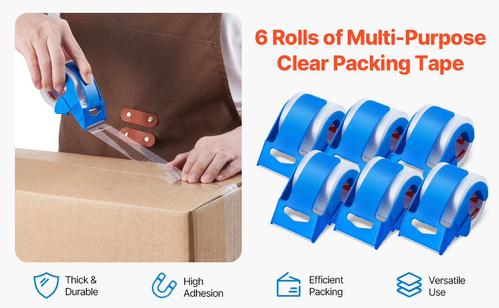SucceBuy 1.5in Core 6 Rolls Clear Packing Tape with Dispenser 2.7 Mil Shipping Tape Designed for Moving Boxes Storage Mailing